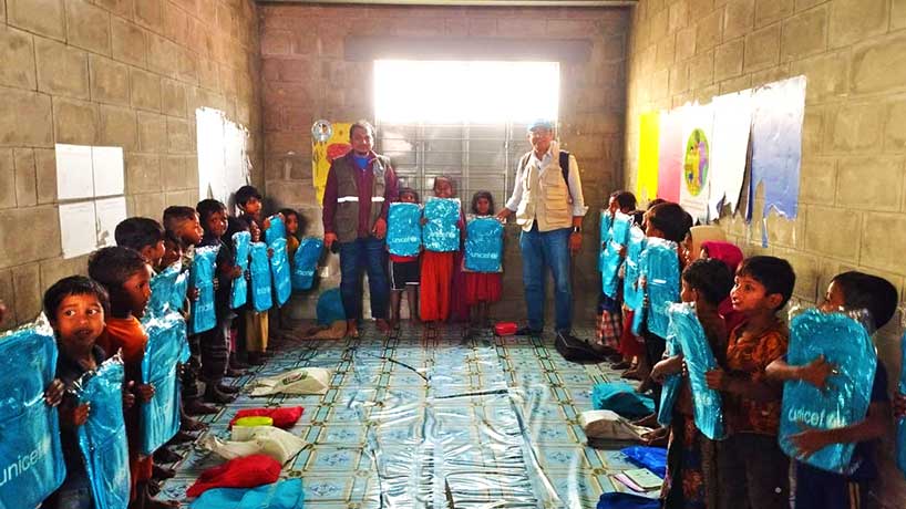 Bag distribution by UNICEF at ACLAB School, Bhasan Char