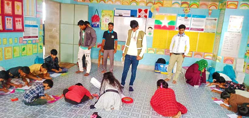 Students are Drawing at ACLAB School, Bhasan Char